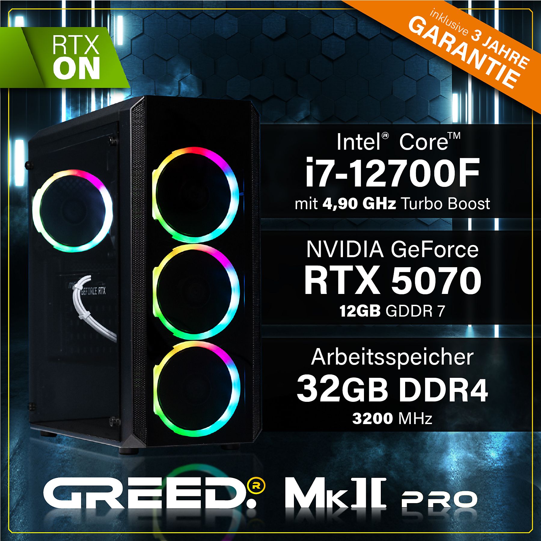 Greed®MK2 Pro INTEL - High End Gaming Computer, Gaming PC - Intel Core i7 13700KF + Nvidia Geforce RTX 5070 12 GB Greed®MK2 Pro INTEL - High End Gaming Computer, Gaming PC - Intel Core i7 13700KF + Nvidia Geforce RTX 5070 12 GB